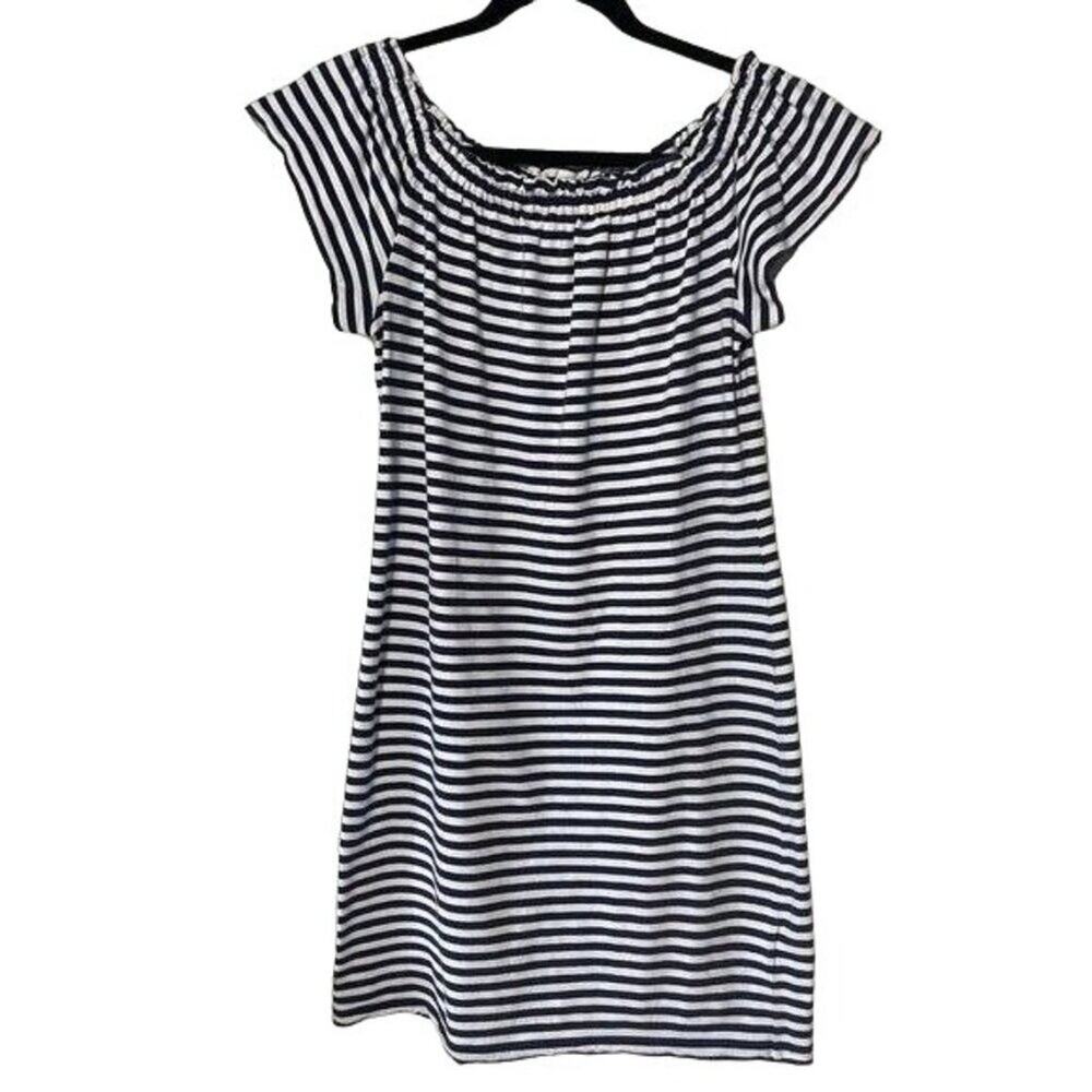 Vineyard Vines Off Shoulder Navy White Striped Jersey Dress XS Preppy Cute